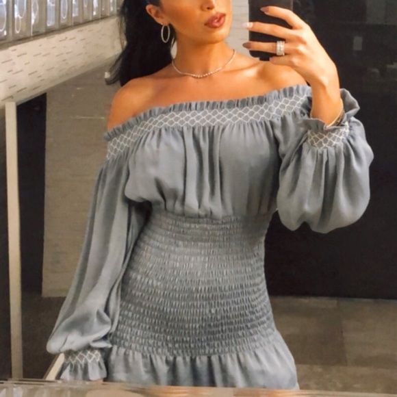 Blue ruched off the shoulder dress - Picture 3 of 5